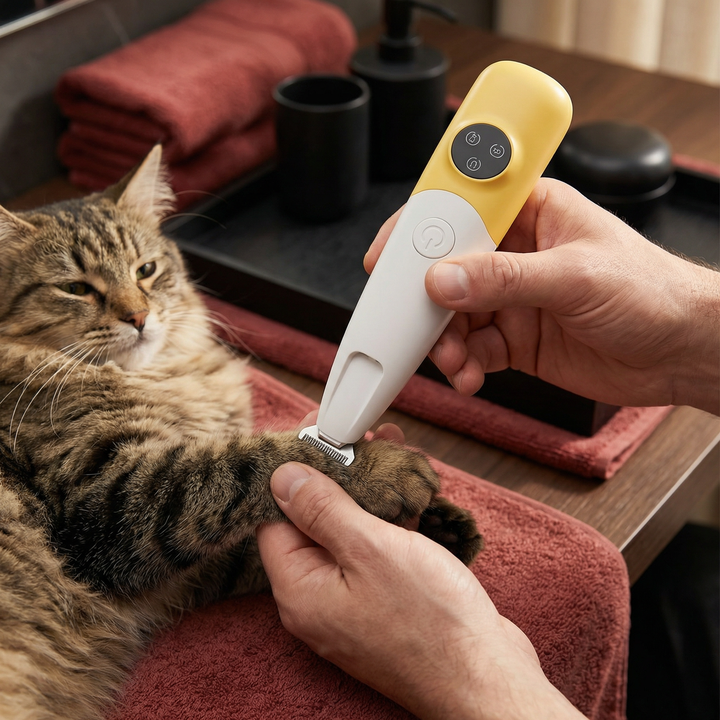 Stressfreier, kabelloser Haustier Trimmer für sanfte & leise Pfoten-Fellpflege bei Hunden & Katzen. Ergonomisches Design.