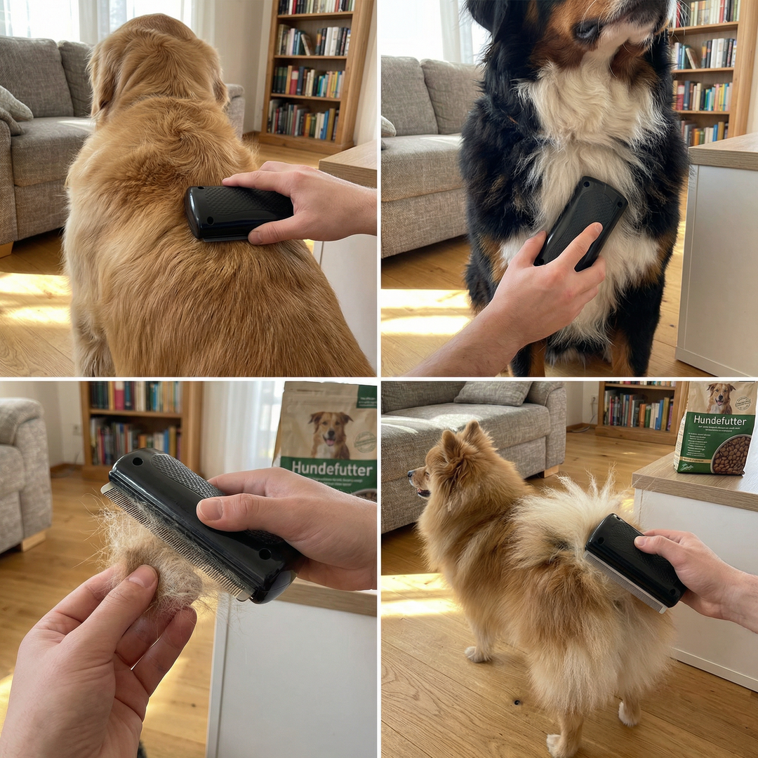 Praktische Haustierbürste mit ergonomischem Griff. Die Unterfellbürste ist ein effizienter Fellentferner für Tiere.