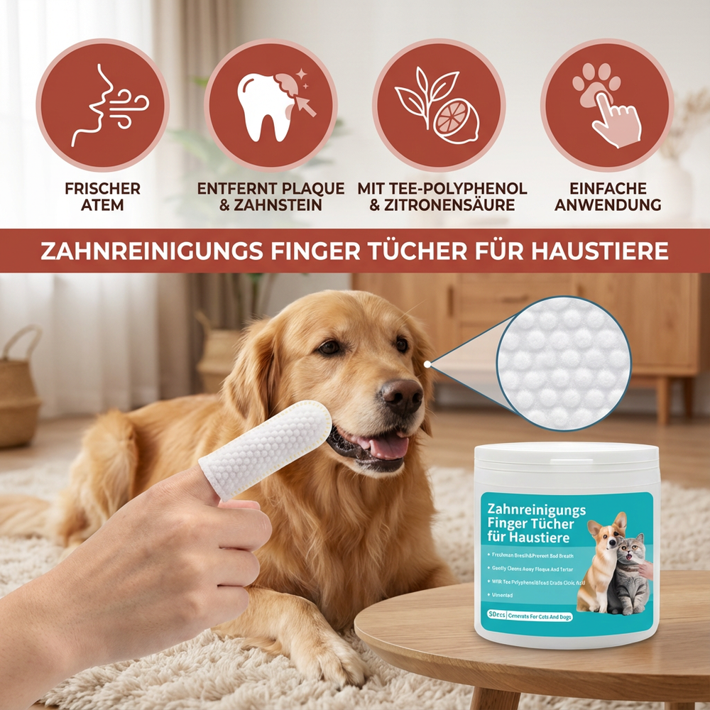 Detailaufnahme der Haustier Zahnreinigungstücher. Sanfte Zahnpflege für Hunde und Katzen zur Plaque-Kontrolle.