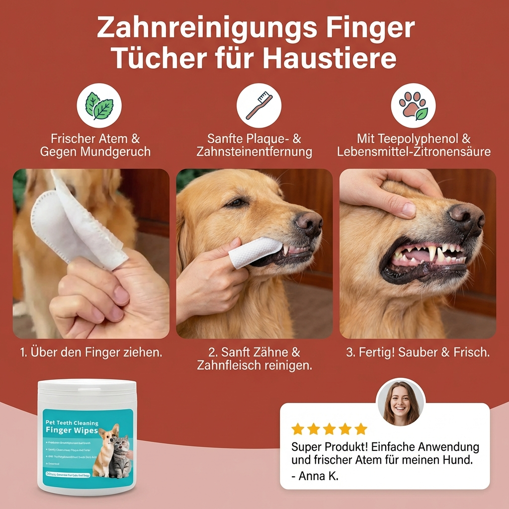 Verpackung der Zahnreinigungstücher für Haustiere. Ideal für die tägliche Zahnpflege von Hund & Katze gegen Mundgeruch.