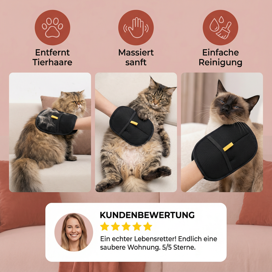 Innovativer Pflegehandschuh mit Noppen für mühelose Haarentfernung. Perfekt für die Fellpflege von Hunden und Katzen.