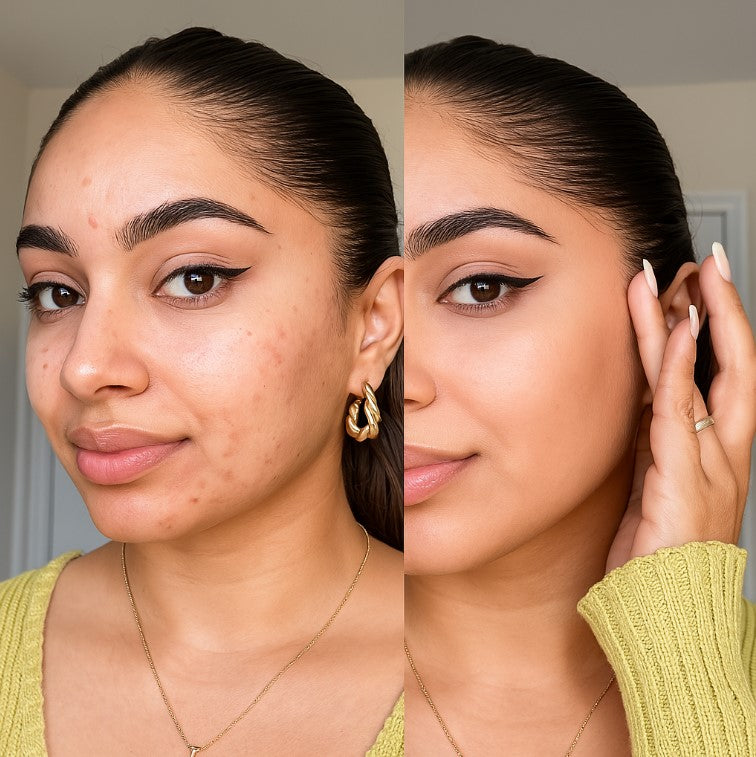 Vorher-Nachher mit HautGlanz Glow-Ton Balsam. Natürlicher Glow und ebenmäßiger Teint.