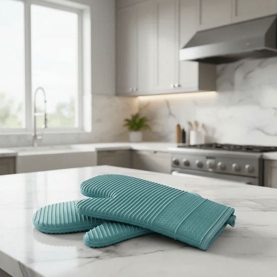 HEATSAFE Ofenhandschuhe mit rutschfester Silikon-Oberfläche für optimalen Griff beim Hantieren mit heißen Formen.