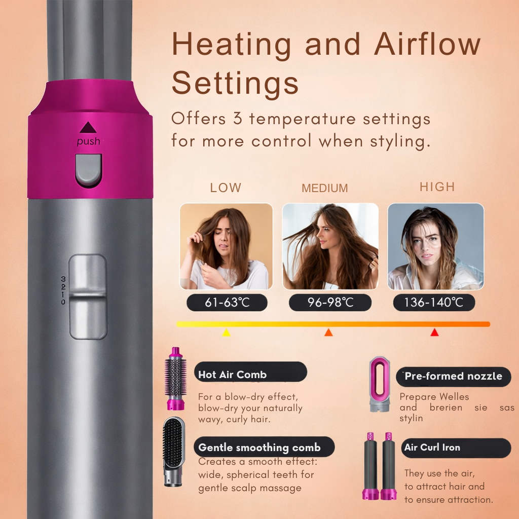 Moderne Heißluftbürste mit Ionen-Anti-Frizz für gesünderes, glänzendes Haar und vielfältige Styling-Optionen.