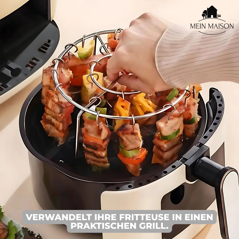 Rauchfreier Spießbraten-Aufsatz aus Edelstahl, spülmaschinenfest für Heißluftfritteusen Grillen.