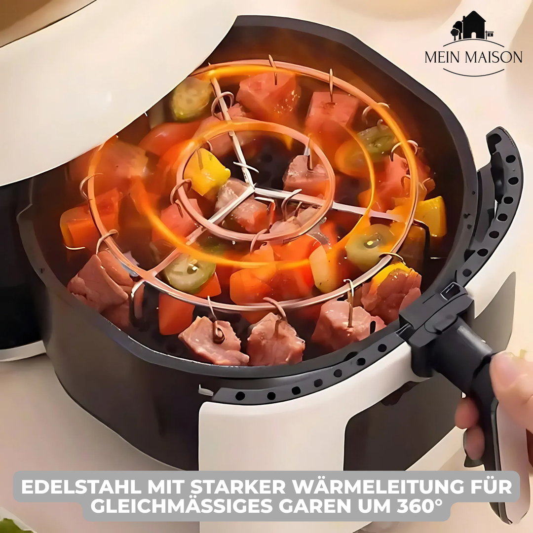 Edelstahl Spießbraten-Aufsatz, kompatibel mit Heißluftfritteusen für rauchfreies, gesundes Grillen.