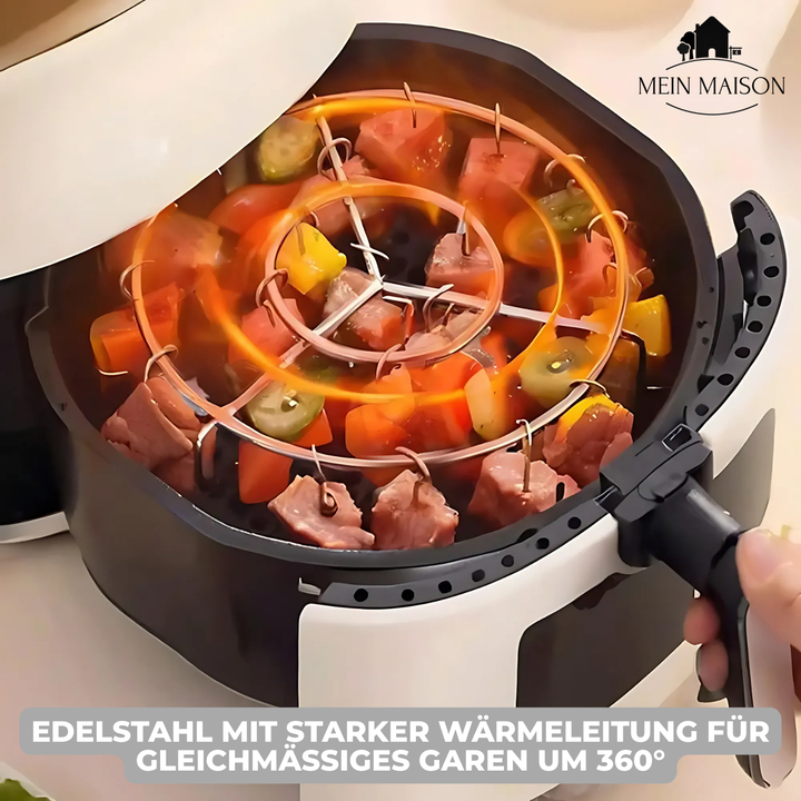 Edelstahl Spießbraten-Aufsatz, kompatibel mit Heißluftfritteusen für rauchfreies, gesundes Grillen.