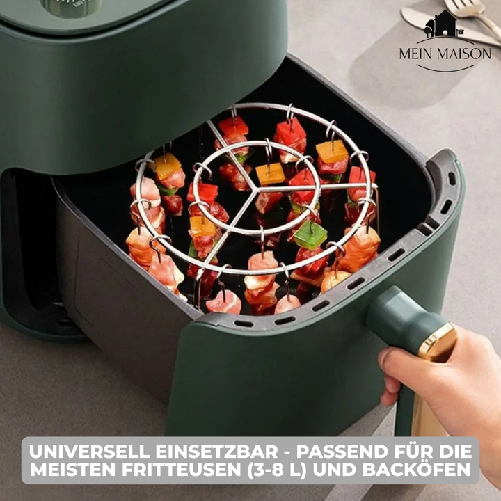 Grill-Set für Airfryer: Spießbraten & Gemüse rauchfrei garen. Spülmaschinenfestes Kochzubehör.