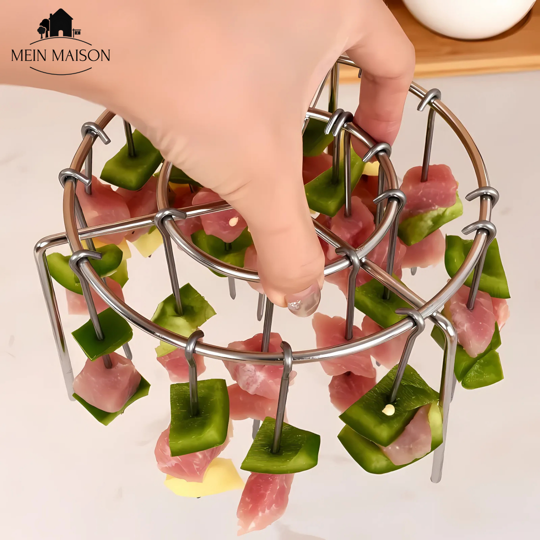 Innovatives Kochzubehör: Spießbraten-Aufsatz für Heißluftfritteusen. Perfekt für rauchfreies Grillen.