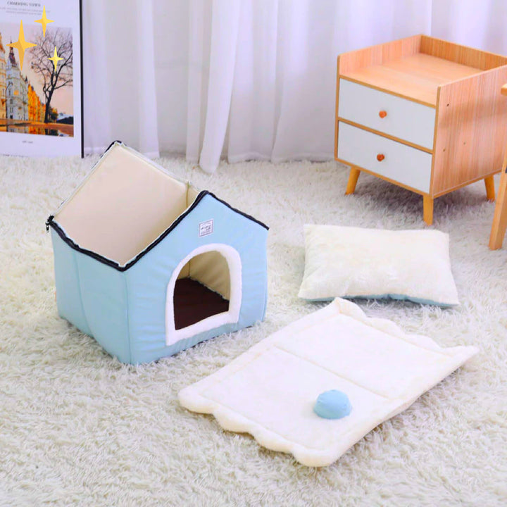 Hellblaue Tierhöhle/Kuschelhöhle für Haustiere, weich gepolstert, bequemes Hundebett & Katzenbett.