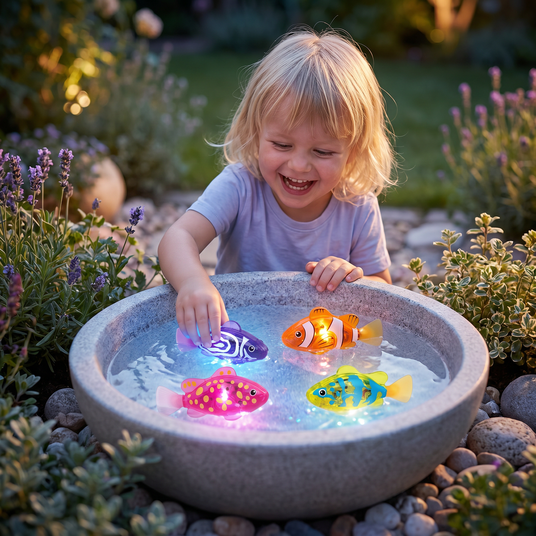 Helle LED Schwimmfische für Kinder, ideal als wasserdichtes Badespielzeug für Badewanne & Pool.