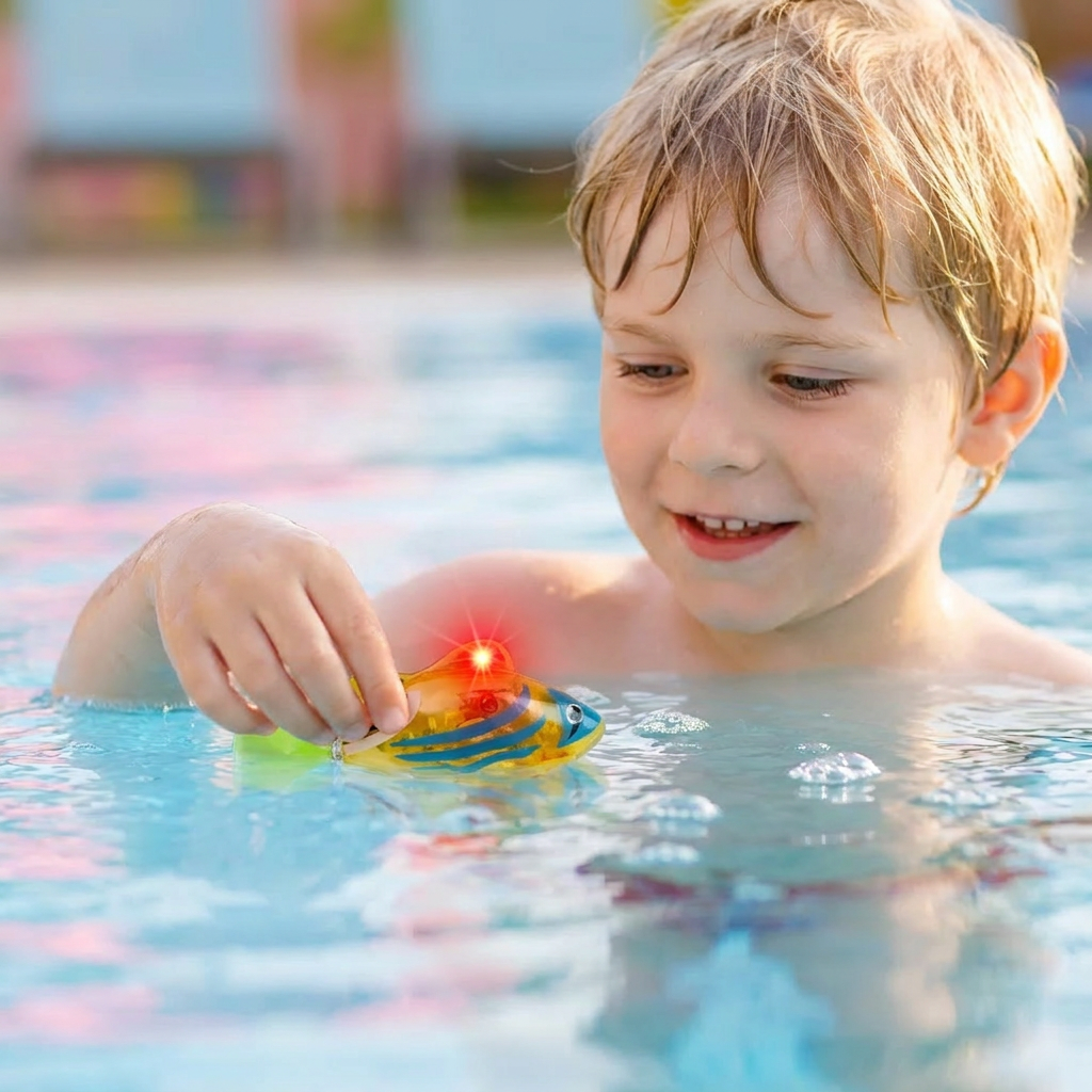 Glückliches Kind beim Spielen mit schwimmenden LED Fischen; interaktives, wasserdichtes Badespielzeug für alle.