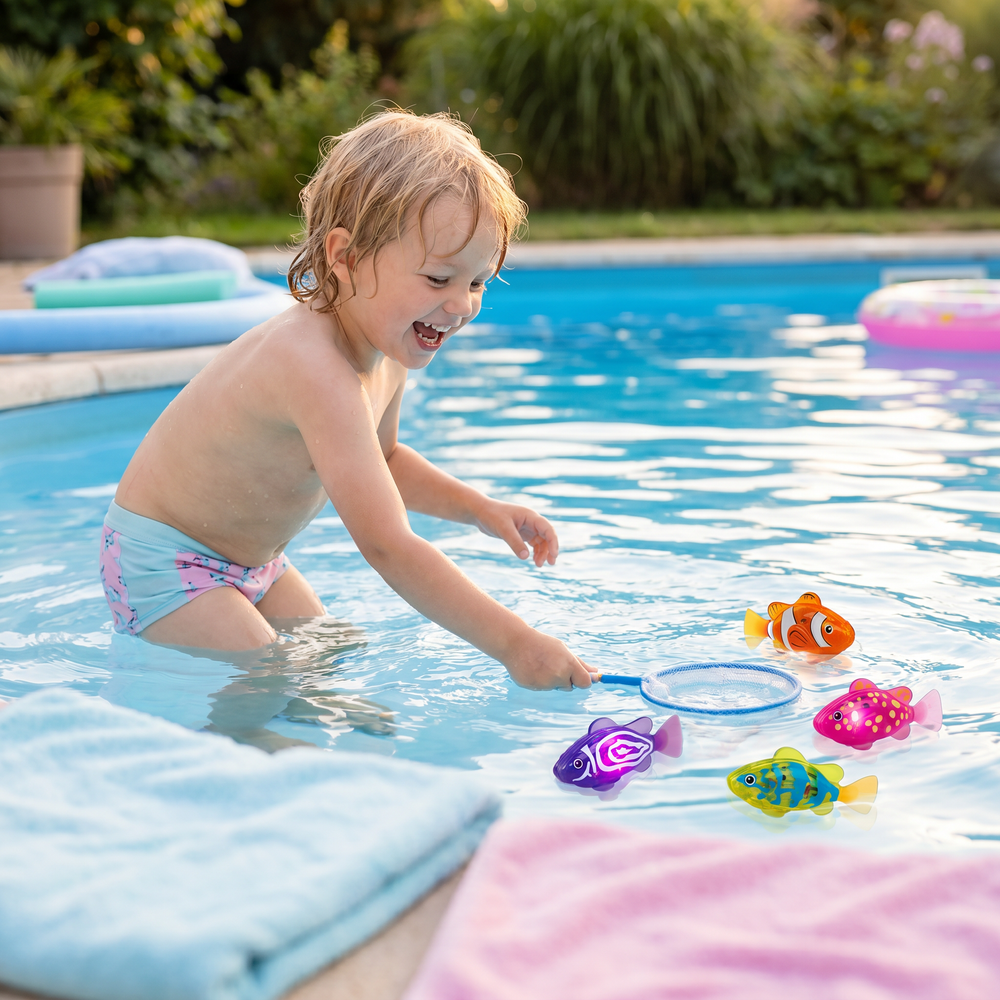 Kind lacht mit leuchtenden LED Schwimmfischen; magisches Badespielzeug für unvergesslichen Badewannenspaß.