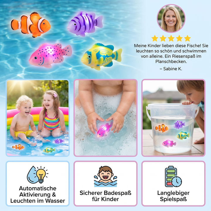 Detail des bunten, wasserdichten LED Schwimmfischs, ein faszinierendes sensorisches Spielzeug für Kinder.