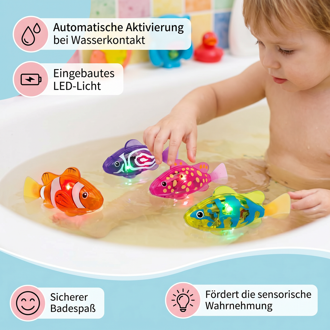 Leuchtende LED Schwimmfische erhellen den Pool; ideales Pool-Spielzeug, das magischen Badespaß für Kinder bietet.