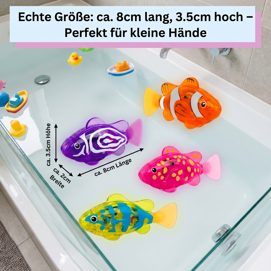 Ein Kind hält einen leuchtenden LED Schwimmfisch; perfektes sensorisches Badespielzeug und Geschenk für Kinder.