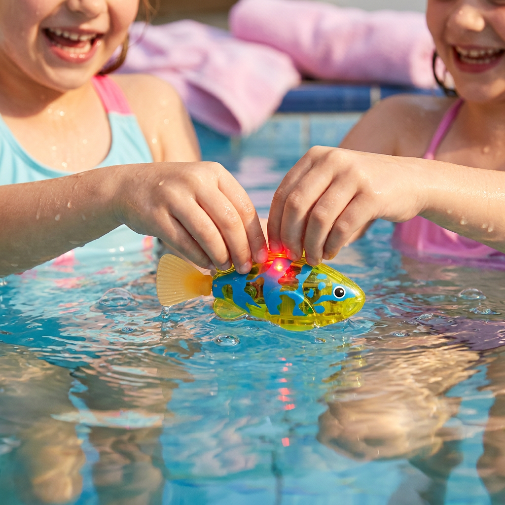 Unterwasseransicht von farbenfrohen LED Schwimmfischen; robustes, wasserdichtes Spielzeug für Pool und Wanne.