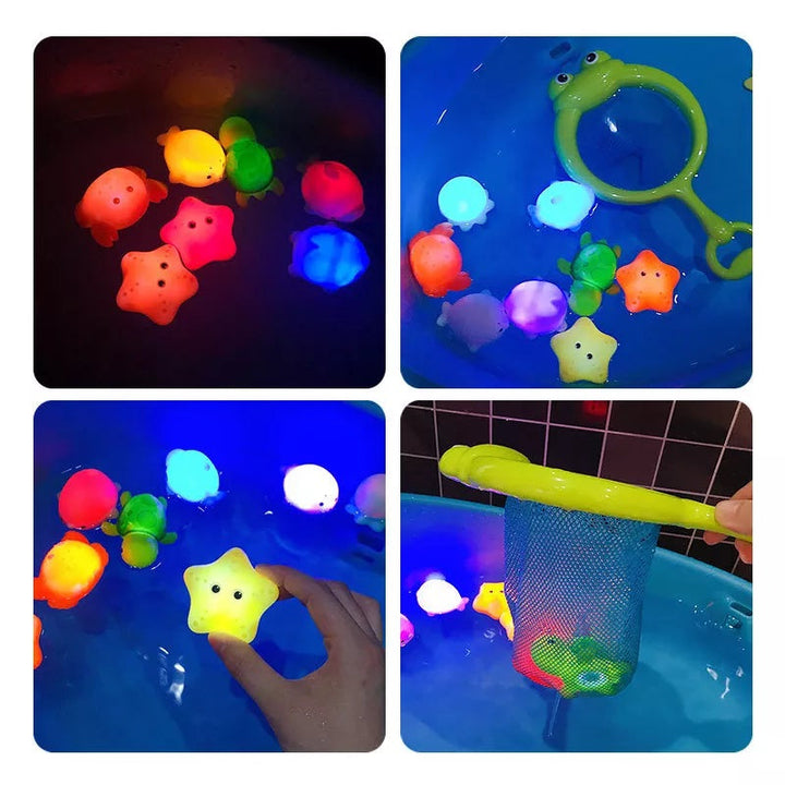 Farbenfrohes, leuchtendes Badespielzeug mit LED für spannende Wasserspiele in der Baby- und Kinderbadewanne.