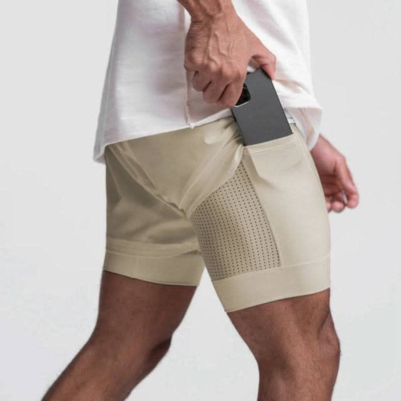 Moderne Herren Funktionsshorts 2-in-1, atmungsaktiv und bequem. Ideal für Sport, Laufen und sommerliches Training.