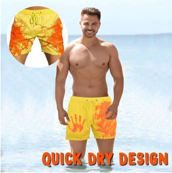 Nahaufnahme der farbwechselnden Herren & Jungen Badeshorts; zeigt den magischen Farbwechseleffekt.