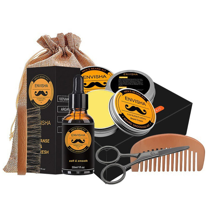 Umfassendes Bartpflege-Set für Männer: Bartöl, Balsam, Bürste und Kamm für optimale Bartpflege & Bartwuchs.