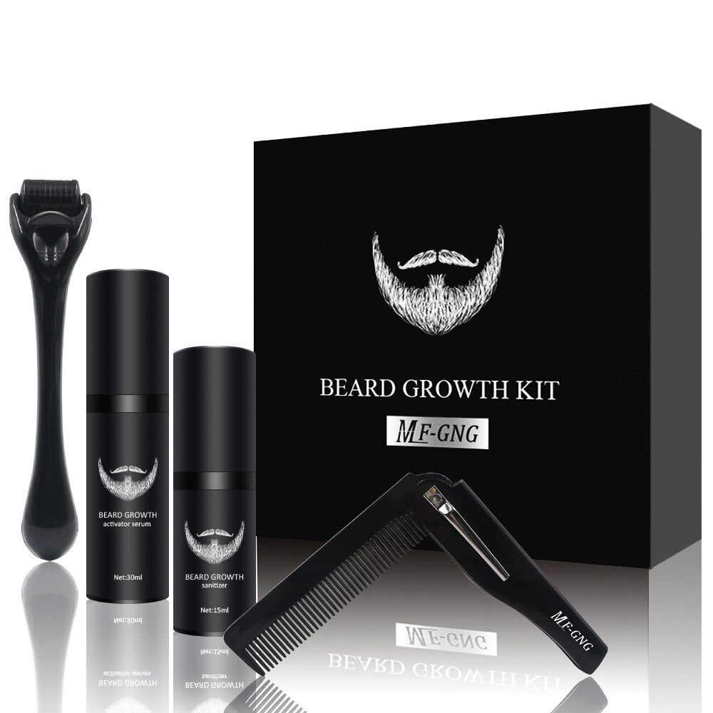 Herren Bartpflegeset mit Microneedling-Roller, Bartöl, Balsam, Kamm & Bürste für kräftiges Bartwachstum.