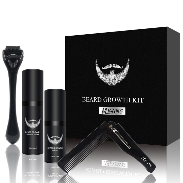 Herren Bartpflegeset mit Microneedling-Roller, Bartöl, Balsam, Kamm & Bürste für kräftiges Bartwachstum.