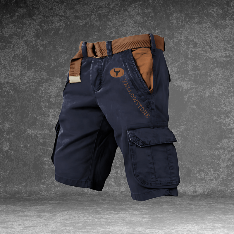 Nahaufnahme der strapazierfähigen MAVERICK Herren Cargo Shorts, atmungsaktiver Stoff, perfekt für Outdoor-Aktivitäten.