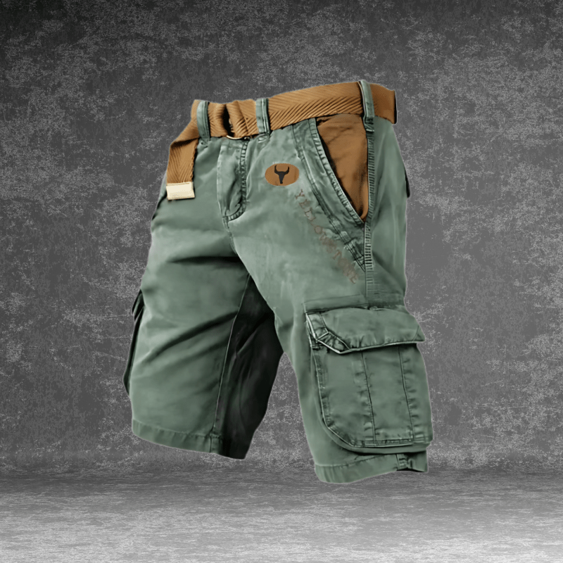 Detail der MAVERICK Herren Cargoshorts: robuster Bund, Knopfverschluss, viele Taschen für maximalen Komfort & Funktion.