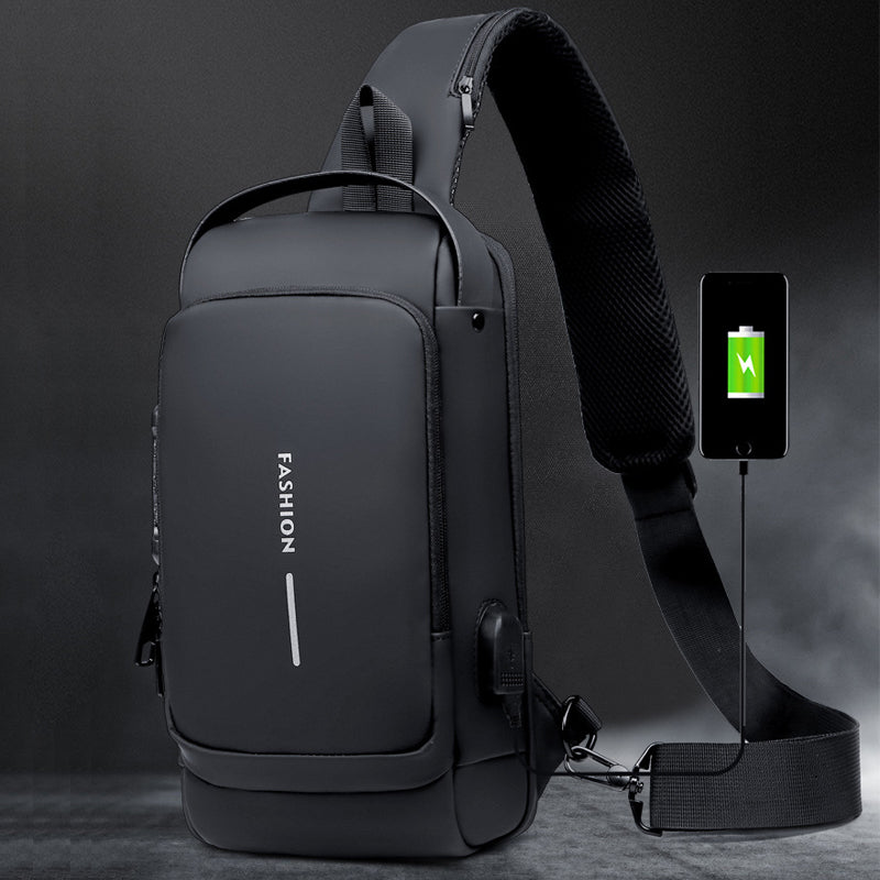 Diebstahlsichere Herren Slingbag in Schwarz, mit USB-Ladefunktion, für Pendler & sicheres Reisen.
