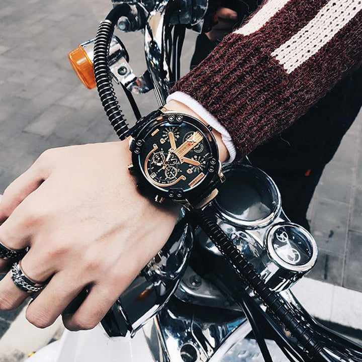 Silberner Herren-Chronograph aus Edelstahl mit schwarzem Zifferblatt, sportlich-elegant.