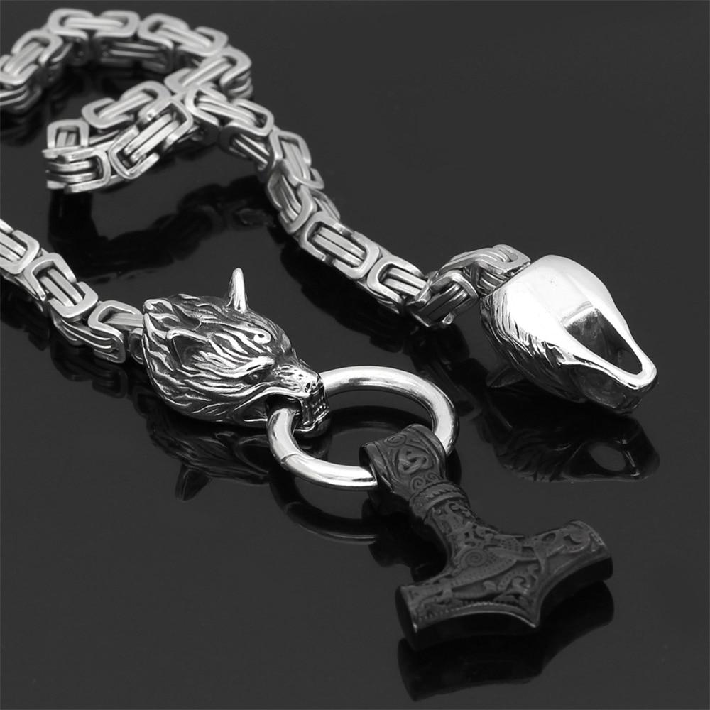 Herren Edelstahl Wikinger Kette mit detailliertem Wolfskopf & Mjölnir Anhänger für Stärke & Schutz.