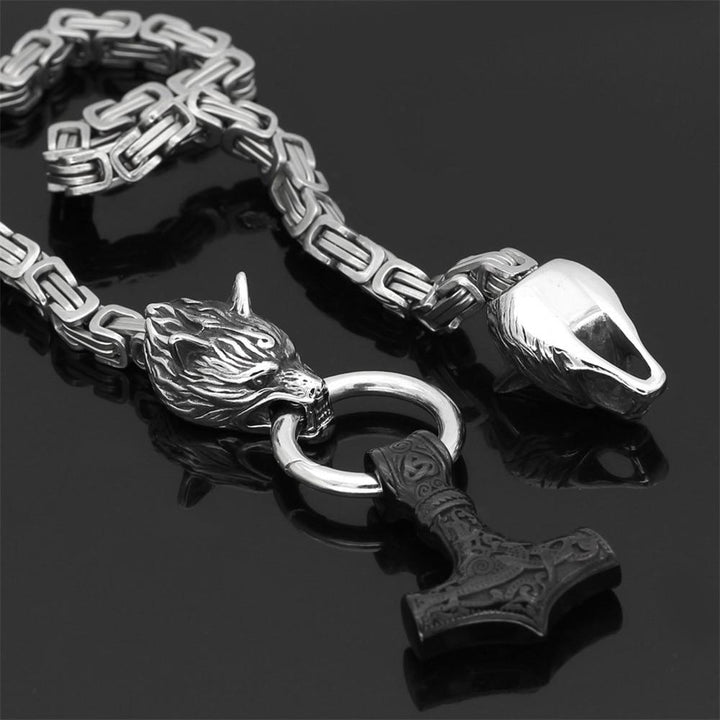 Herren Edelstahl Wikinger Kette mit detailliertem Wolfskopf & Mjölnir Anhänger für Stärke & Schutz.
