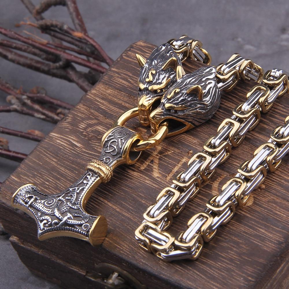 Herren Edelstahlkette mit aufwendigem Wolfskopf & Mjölnir Anhänger, Ausdruck von Stärke & nordischem Stil.