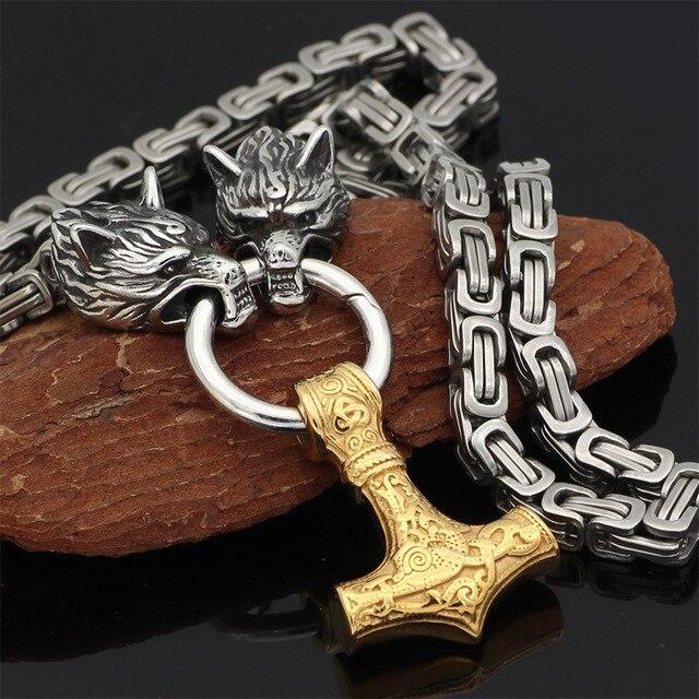 Kraftvoller Thorshammer Mjölnir & Wolfskopf Anhänger an robuster Edelstahl Herren Wikinger Kette.