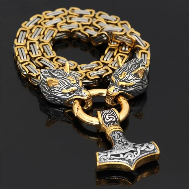 Authentischer Wikinger-Schmuck: Edelstahl Herrenkette mit Wolfskopf & Mjölnir, nordisches Design.