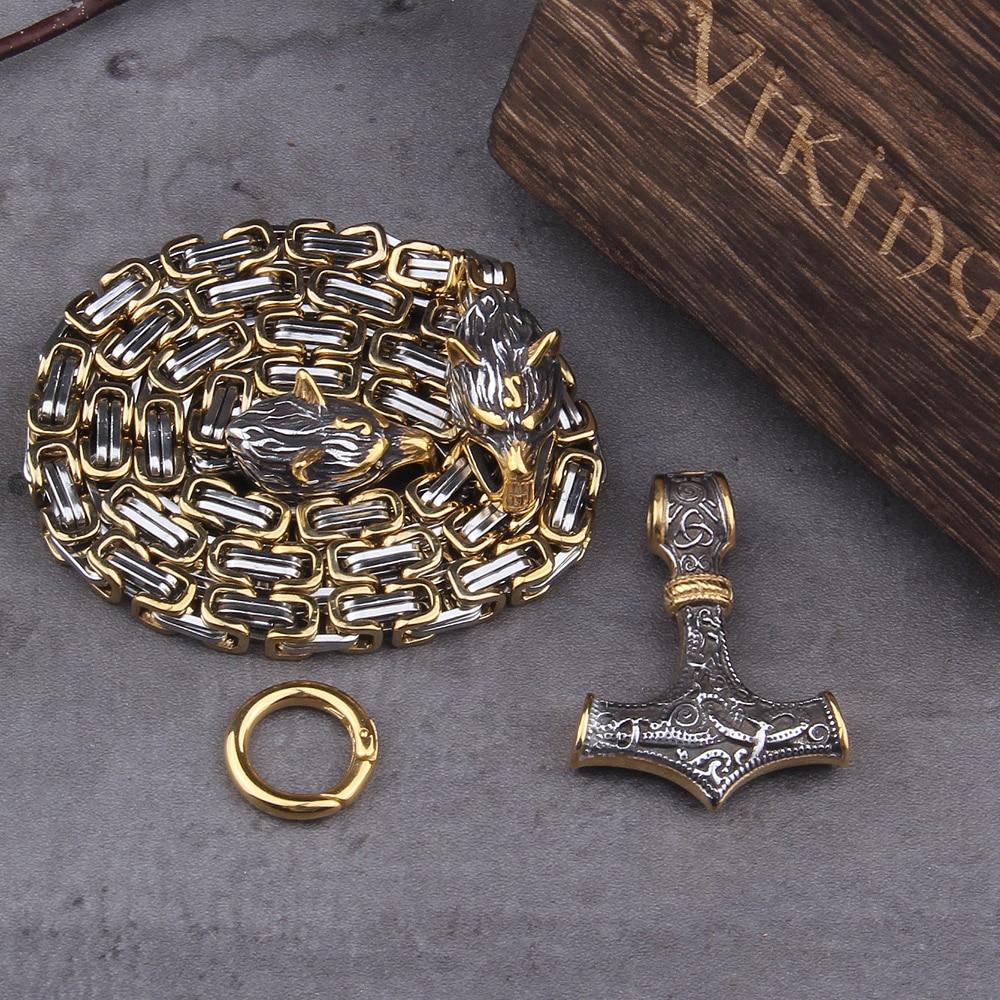 Symbolträchtige Herrenkette: Edelstahl Mjölnir & Wolfskopf Anhänger, symbolisiert Stärke & Schutz.