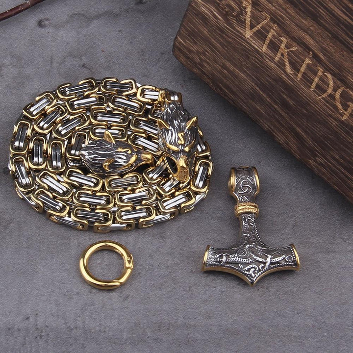 Symbolträchtige Herrenkette: Edelstahl Mjölnir & Wolfskopf Anhänger, symbolisiert Stärke & Schutz.