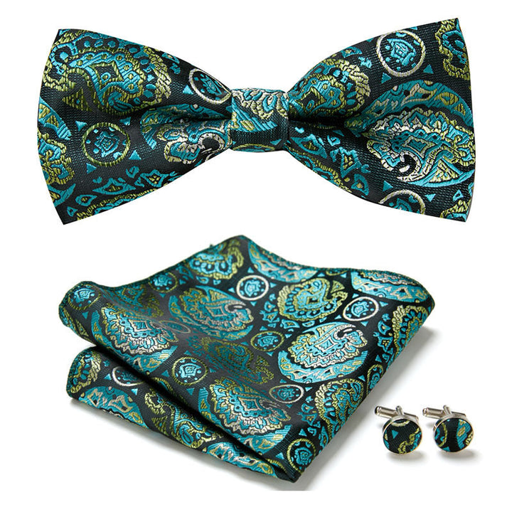 Herren Geschenk-Set: Blumen-Fliege, Einstecktuch & Manschettenknöpfe. Für den stilvollen Mann.
