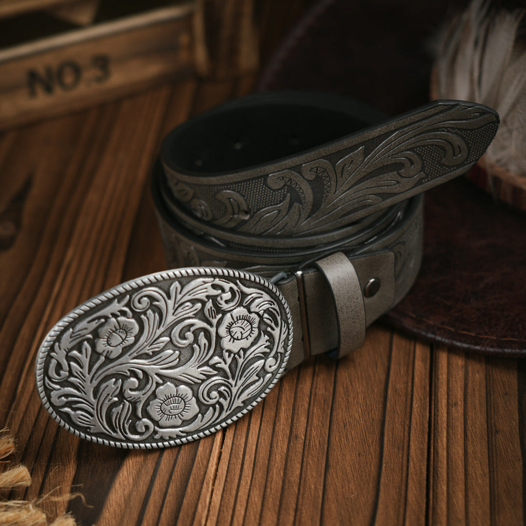 Eleganter Herren-Gürtel, Western-Stil, aus hochwertigem veganem Leder mit markanter Schnalle.