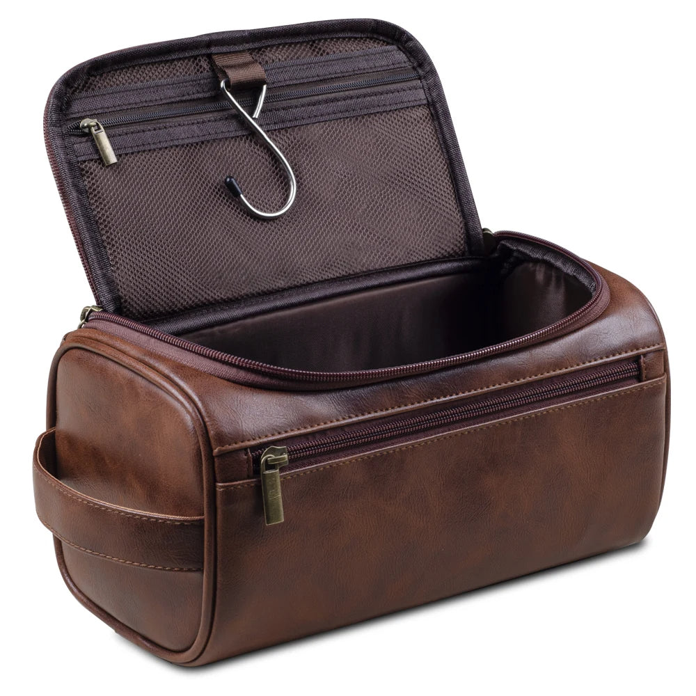 Herren Kulturbeutel aus Premium-Leder mit praktischem Haken, ideal für Reisen und Business.