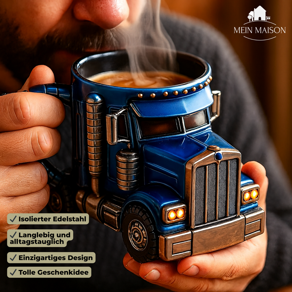 Einzigartiger Edelstahl-Thermobecher für Herren, mit coolem Lkw-Design. Perfektes Fahrer-Geschenk.