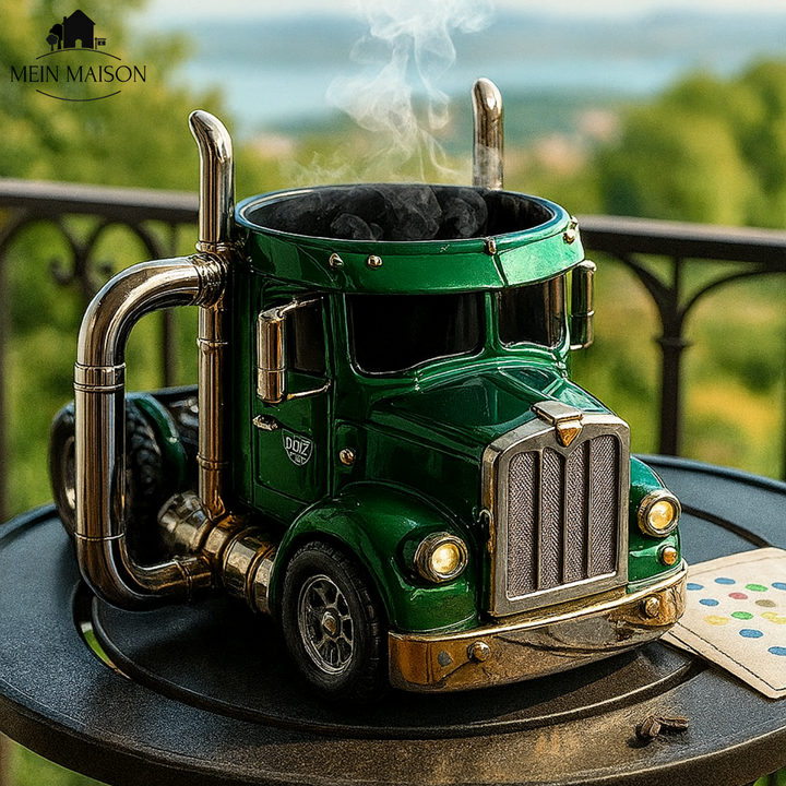 Robuste Edelstahl Lkw Kaffeetasse für Herren, hält Kaffee warm. Idealer Begleiter für Trucker im Alltag.