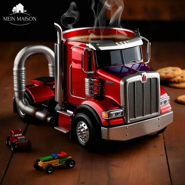Exklusiver Herren Becher aus Edelstahl mit Lkw-Motiv. Langlebige Kaffeetasse für den Alltag.