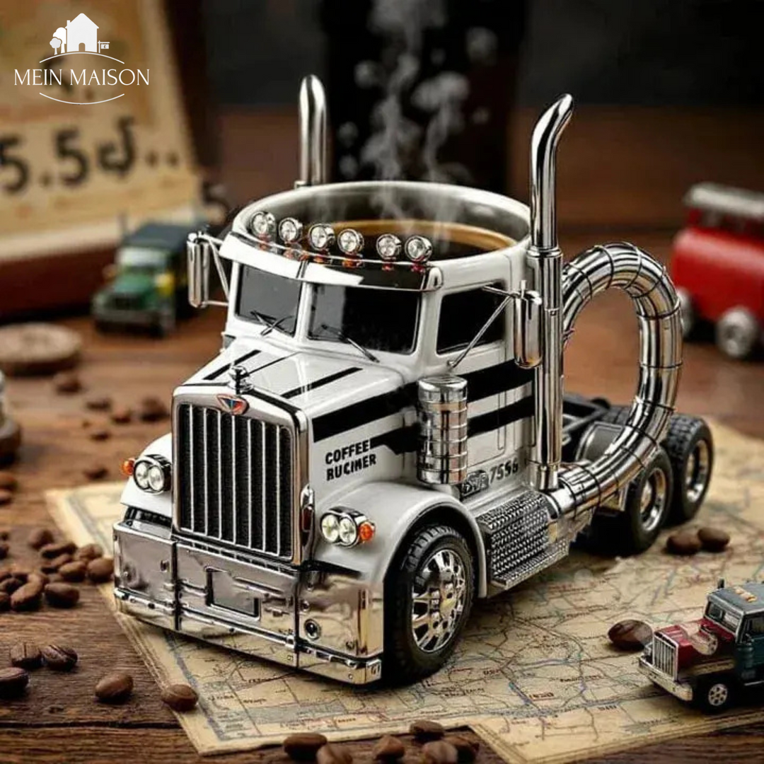 Edelstahl Lkw Kaffeetasse mit Chrom-Akzenten. Ein einzigartiger Thermobecher für Herren & Fahrer.