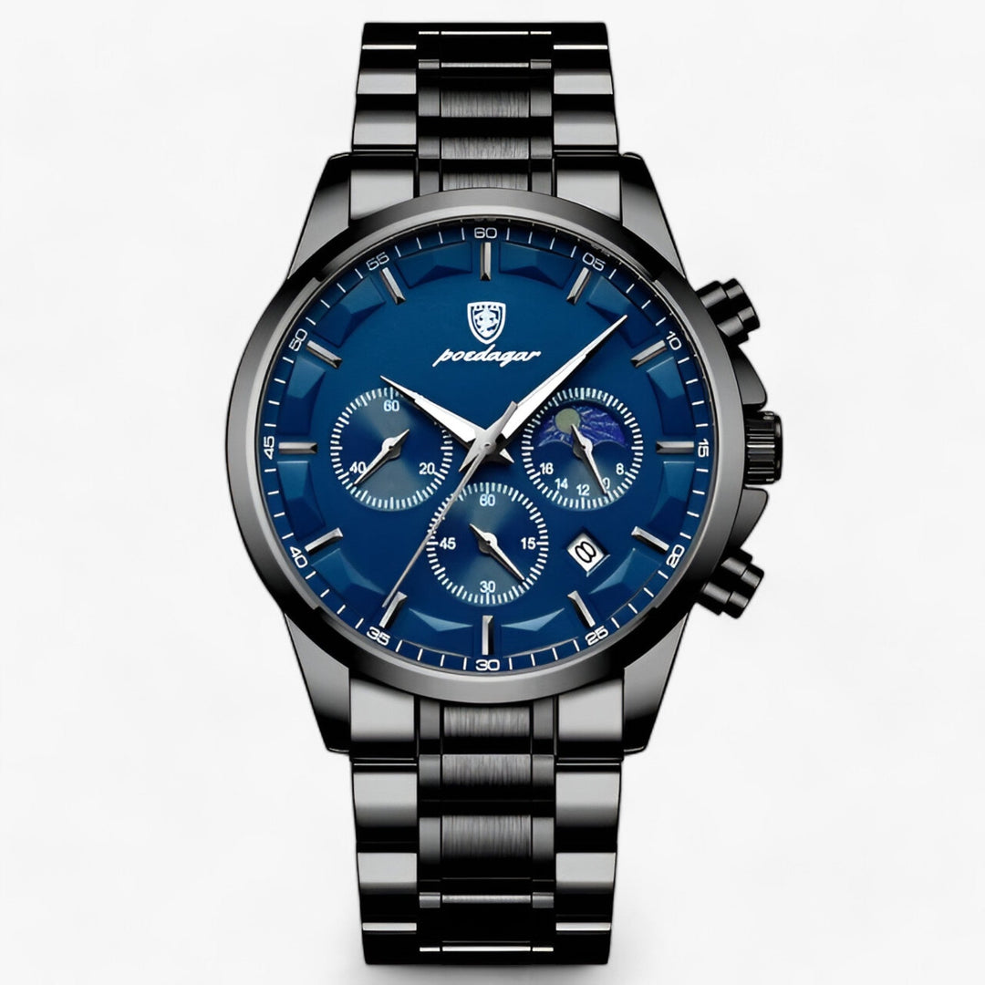 Elegante Herrenuhr Cassian mit schwarzem Zifferblatt & passendem Lederarmband, wasserdicht.