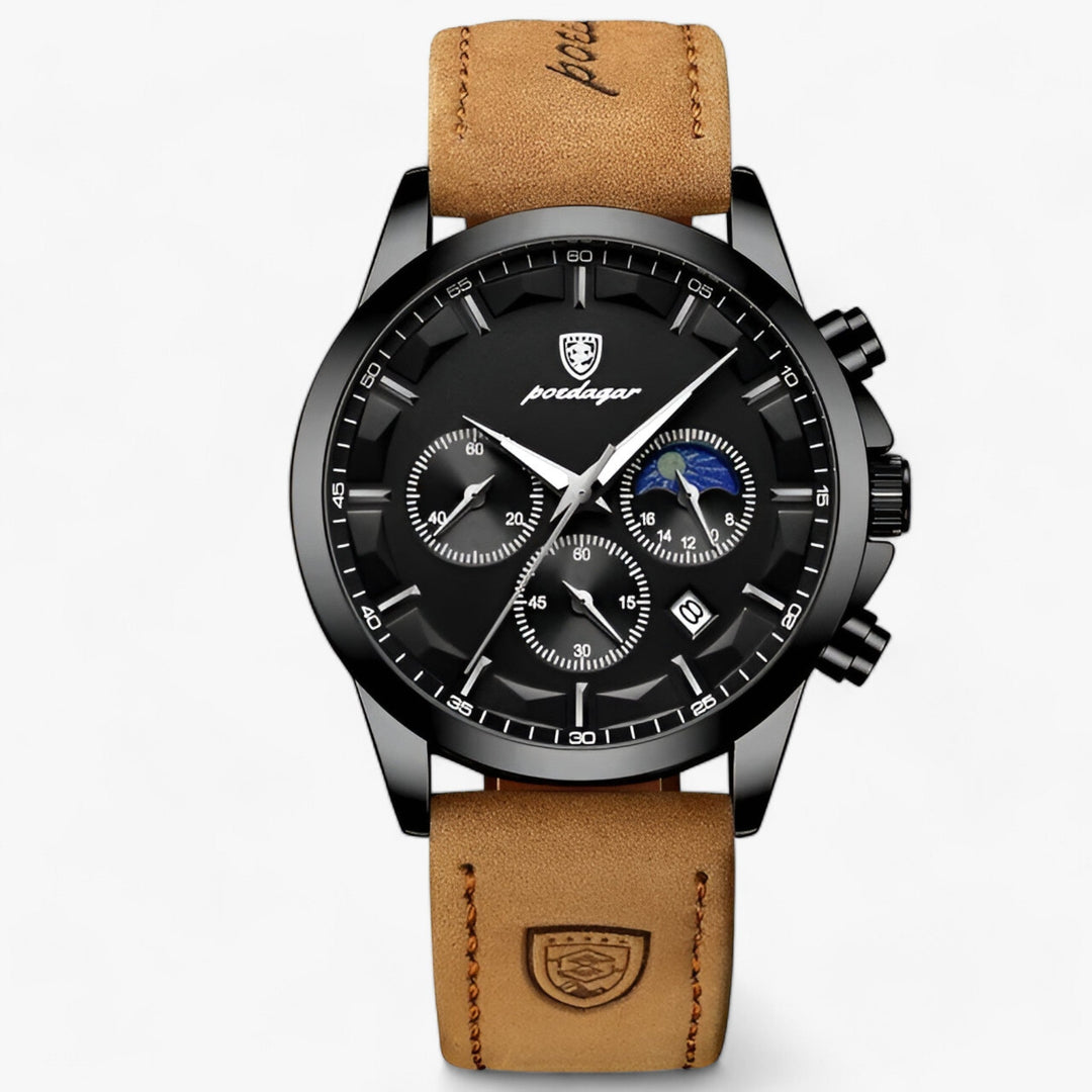 Ein klassisches Herrenaccessoire: die Luxus Armbanduhr Cassian. Wasserdicht mit Lederarmband.