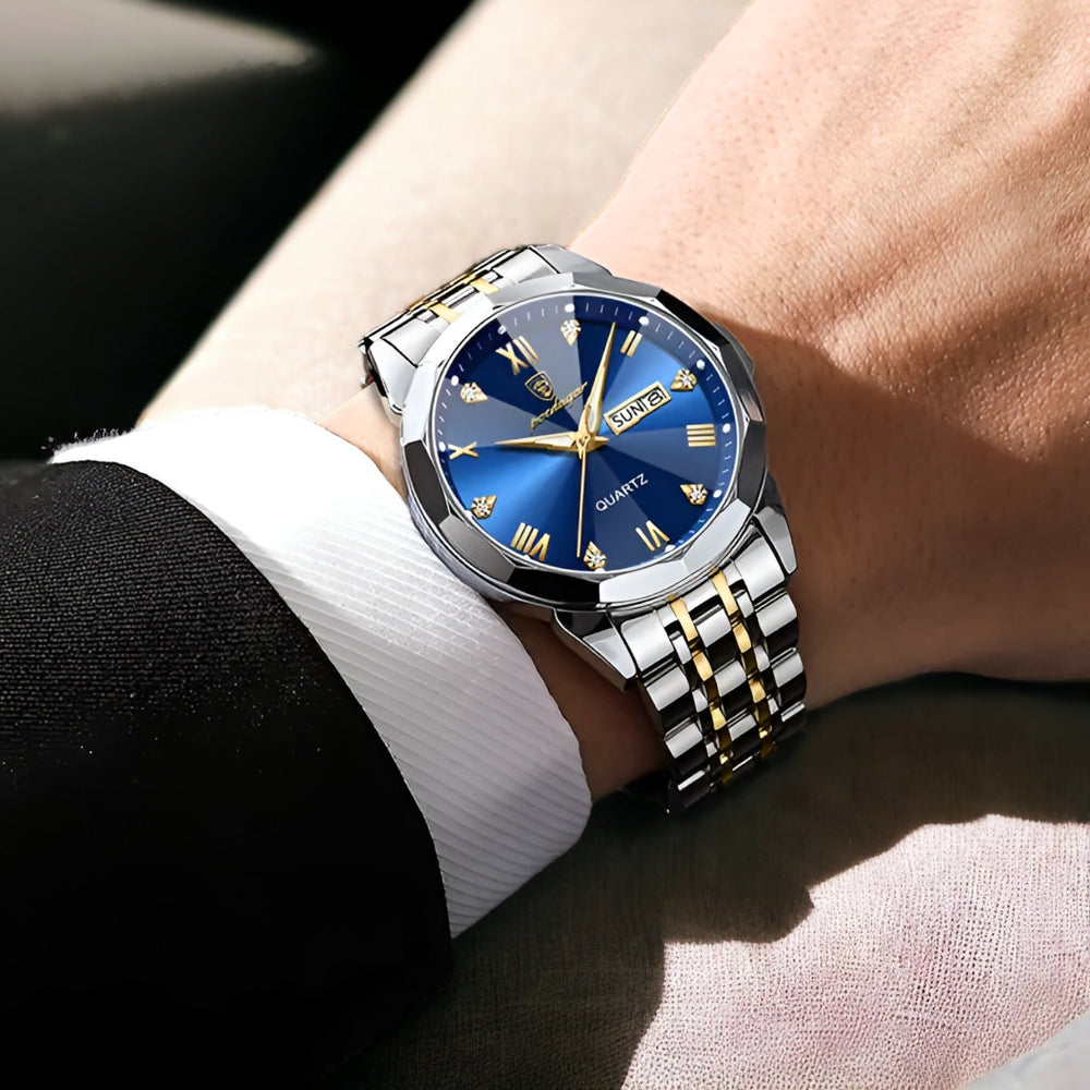 Elegante Herren Automatikuhr: facettiertes Zifferblatt, Saphirglas, hochwertiges Lederarmband. Zeitlose Herrenmode.