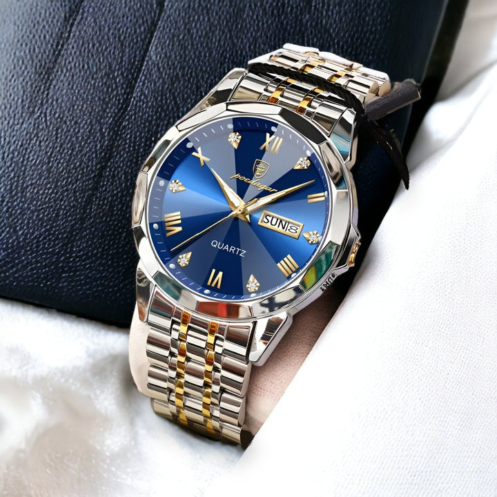 Edle Herrenuhr mit facettiertem Zifferblatt. Luxusuhr mit Saphirglas & Lederarmband, ideal als Geschenkidee.
