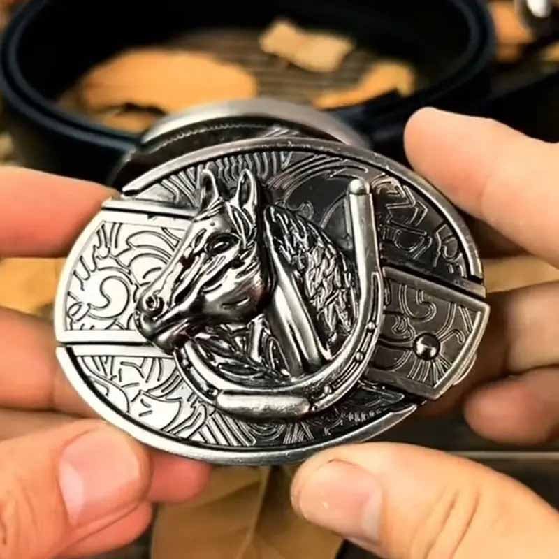 Praktische Herren Gürtelschnalle mit Longhorn-Motiv; Metall, oval, verstecktes Multifunktionswerkzeug.